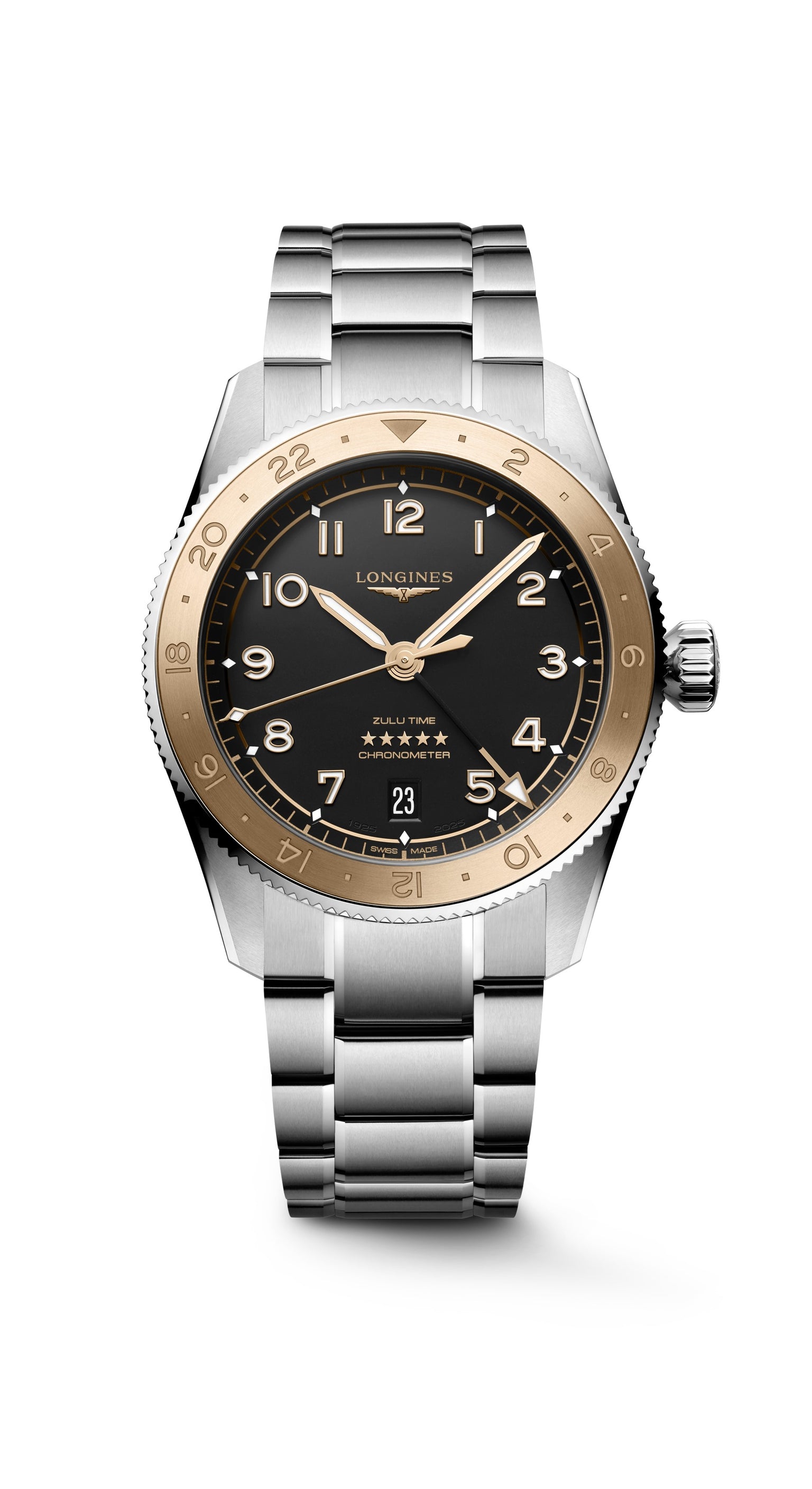 Spirit Zulu 1925 watch with a gold crown and black dial 