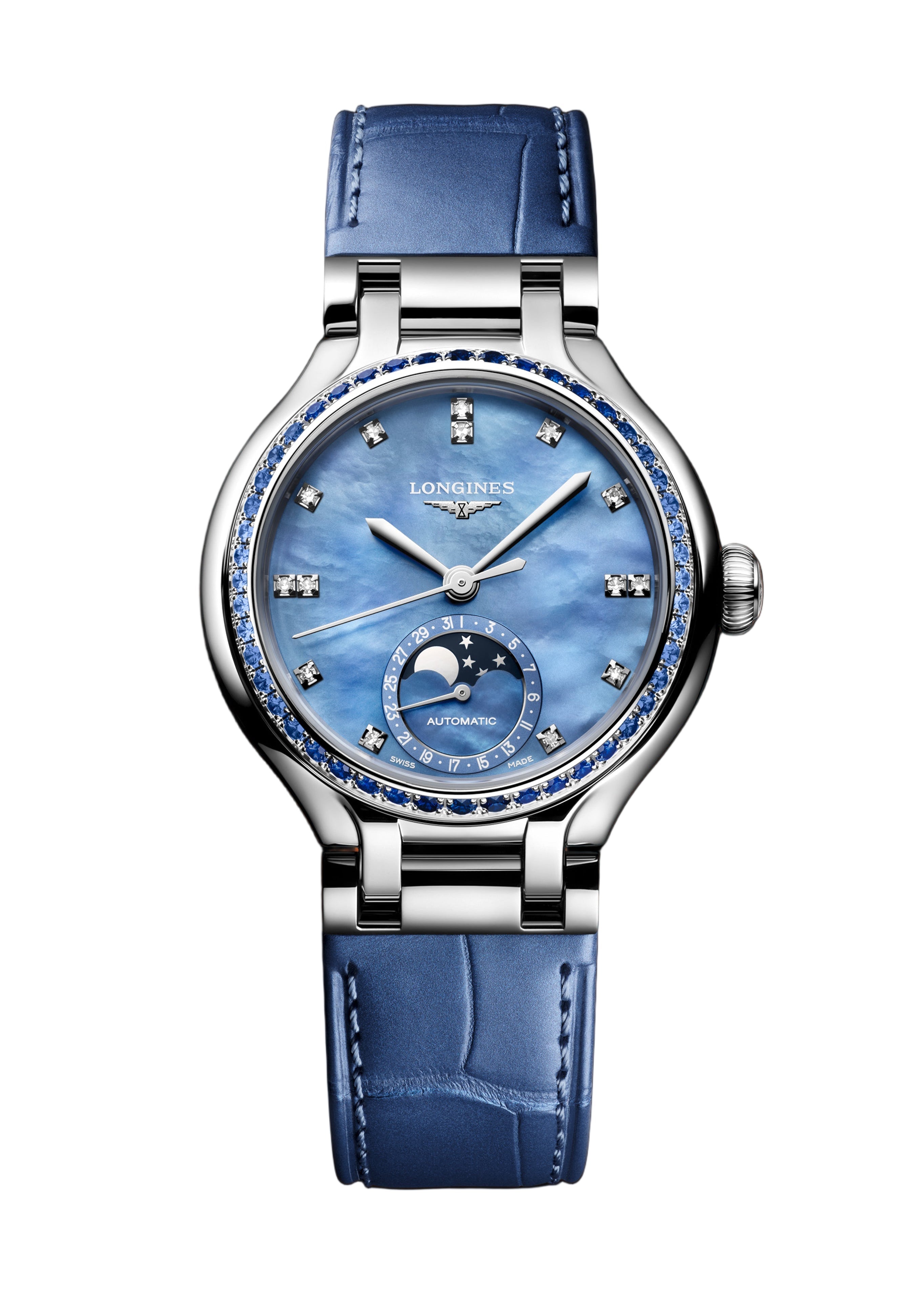 The Longines PrimaLuna Moonphase is a luxury diamond index watch with a blue leather strap, celestial blue mother-of-pearl dial, diamond hour markers, moon phase display, silver case, and blue sapphire bezel for refined elegance.