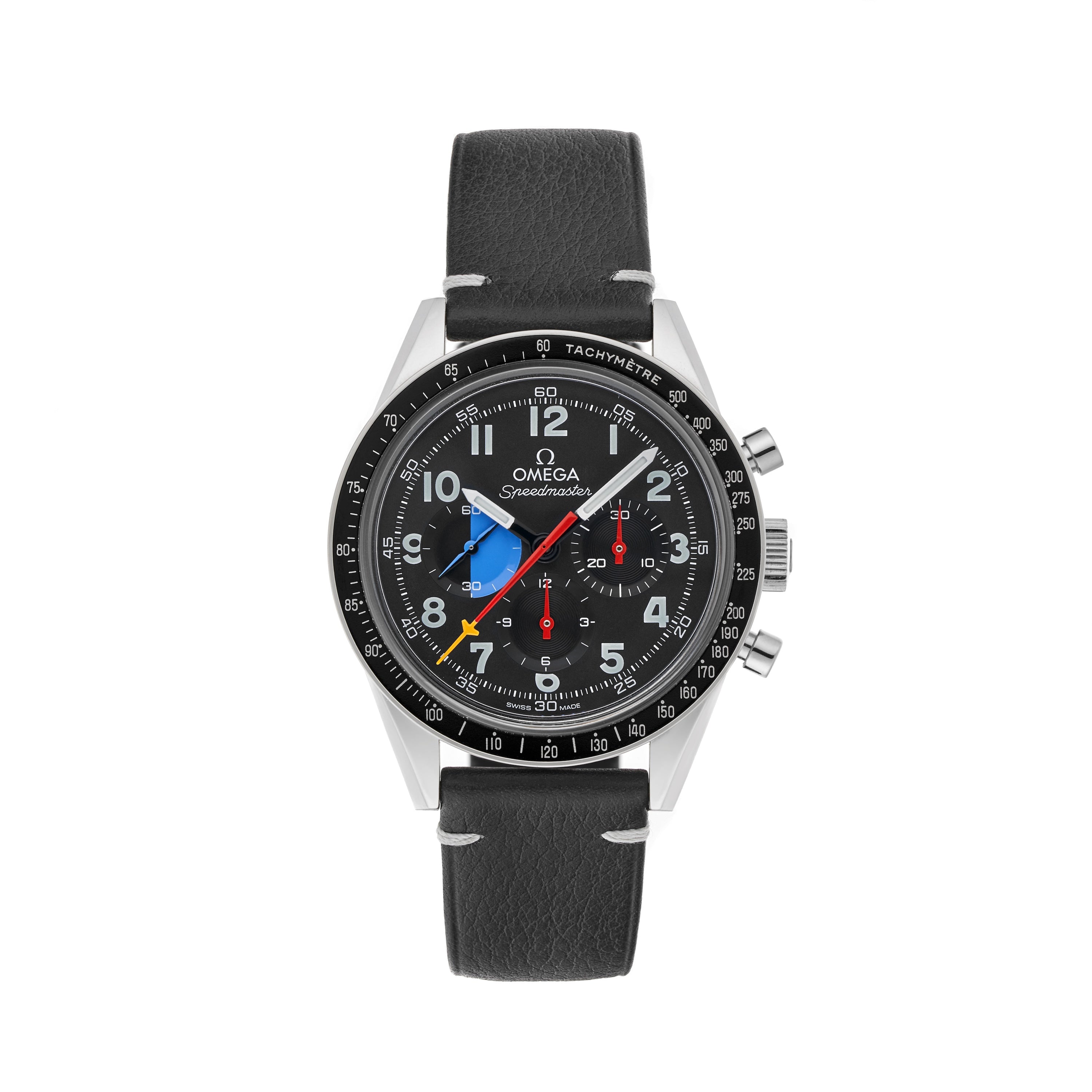 The OMEGA Speedmaster Hodinkee 10th Anniversary Limited Edition features a black leather strap, black dial with colorful subdials and hands, silver case, tachymeter bezel, and a precise chronograph movement for standout performance.