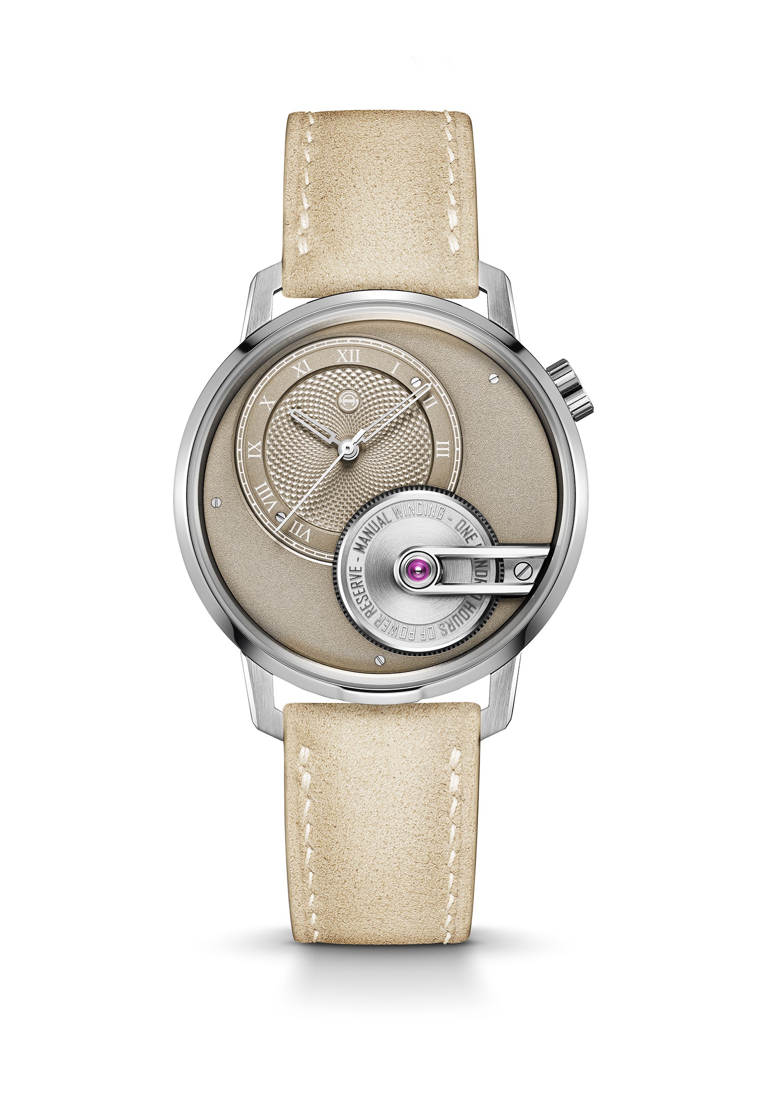 The Armin Strom Tribute 1 Sandstein pairs a beige leather strap with a matching dial, Roman numerals, and an open-work mechanism featuring a visible jewel, all in a stainless steel case inspired by Burgdorf sandstone.