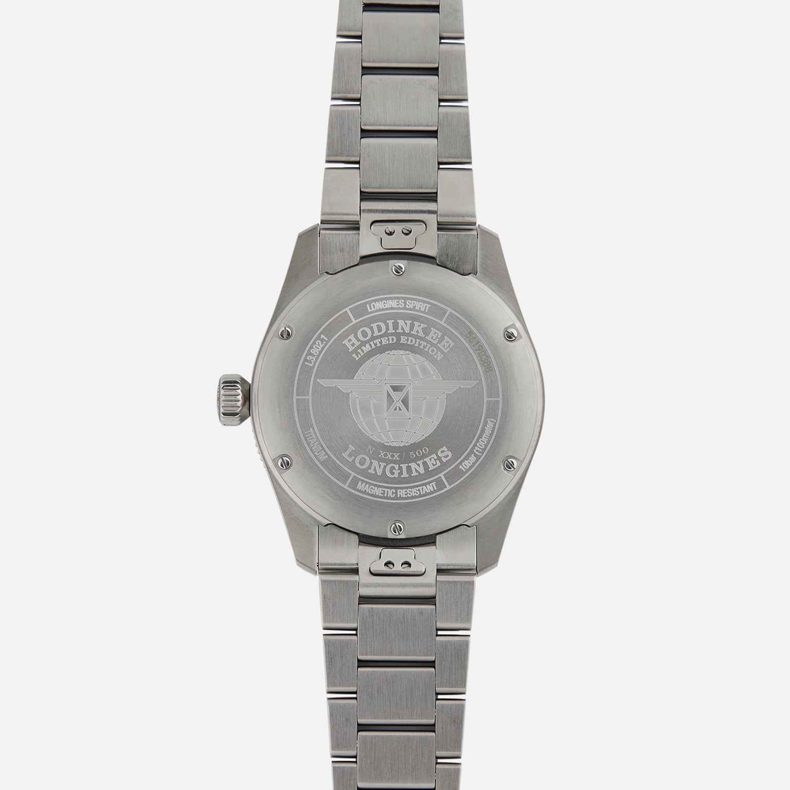 Back view of the Longines Spirit Zulu Time Limited Edition For Hodinkee, showcasing engraved text and details on its Grade 5 Titanium case back.