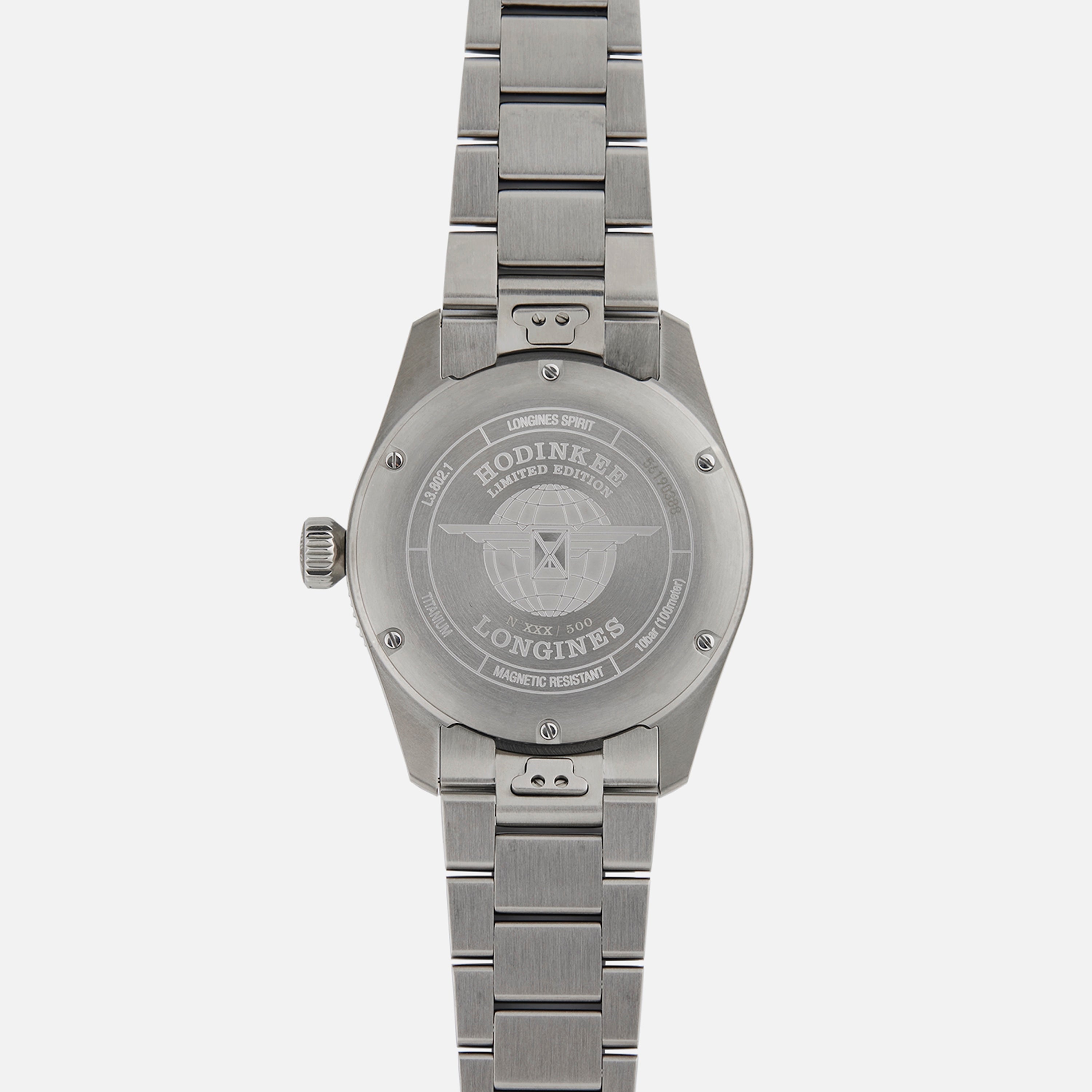 Back view of the Longines Spirit Zulu Time Limited Edition For Hodinkee, showcasing engraved text and details on its Grade 5 Titanium case back.