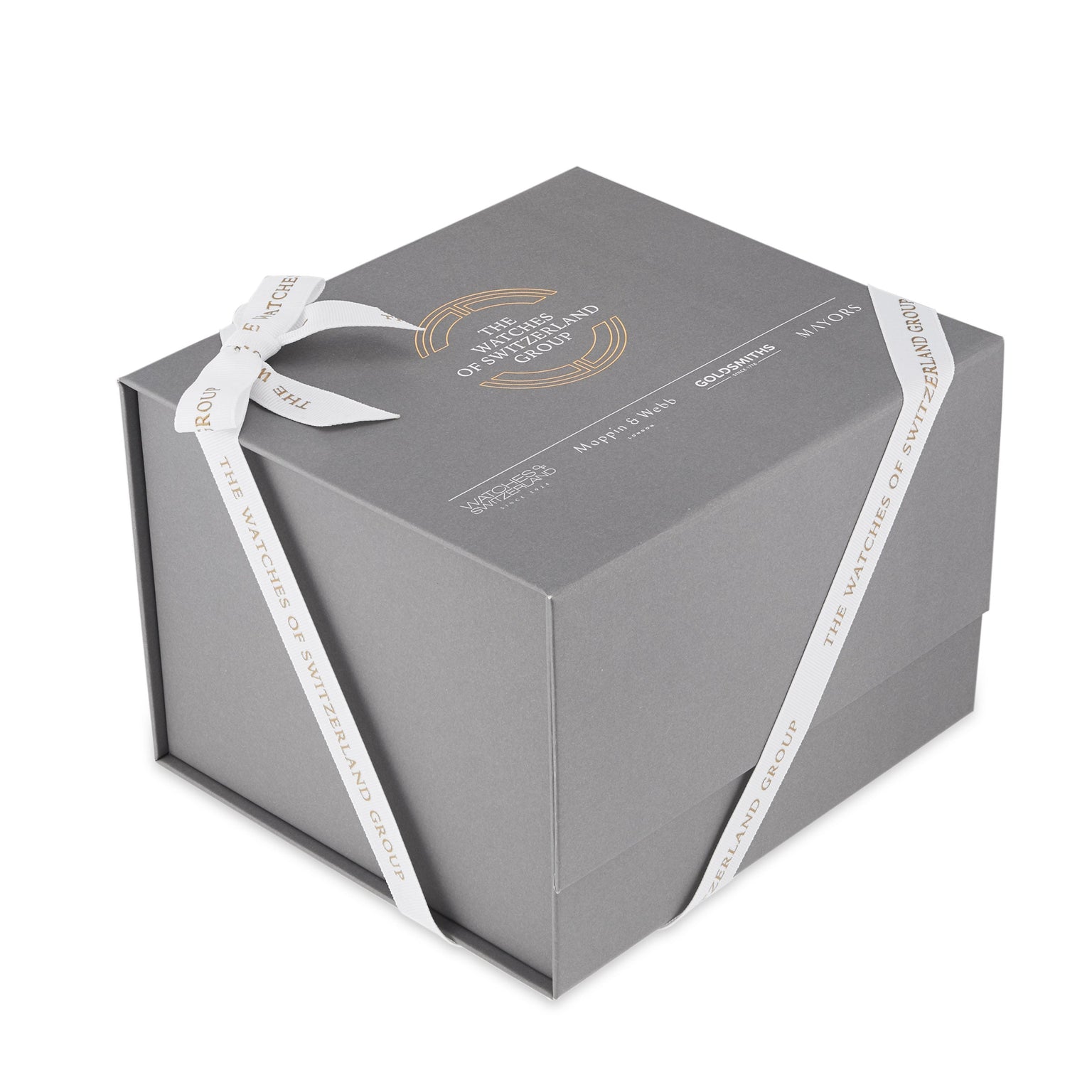 A gray gift box with white ribbon, featuring gold and white text reading The Watches of Switzerland Group—ideal for the TAG Heuer Aquaracer Professional 200 or any watch with a stainless steel case and mother-of-pearl dial.