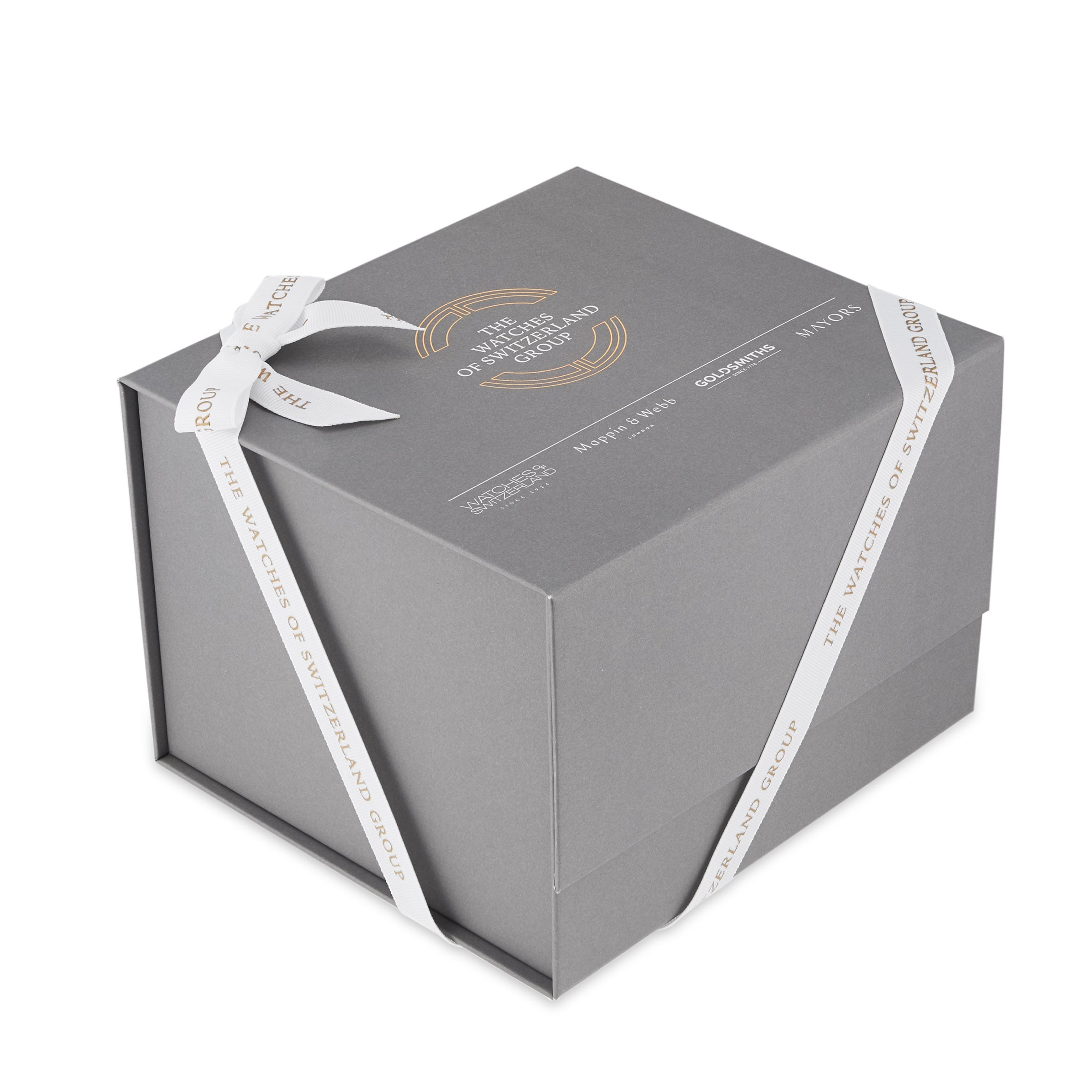 A gray gift box with white ribbon, featuring gold and white text reading The Watches of Switzerland Group—ideal for the TAG Heuer Aquaracer Professional 200 or any watch with a stainless steel case and mother-of-pearl dial.