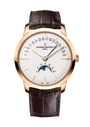 Vacheron Constantin rose gold watch with white dial, moonphase subdial, retrograde date window, and brown leather strap.