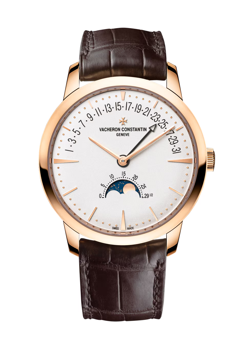 Vacheron Constantin rose gold watch with white dial, moonphase subdial, retrograde date window, and brown leather strap.