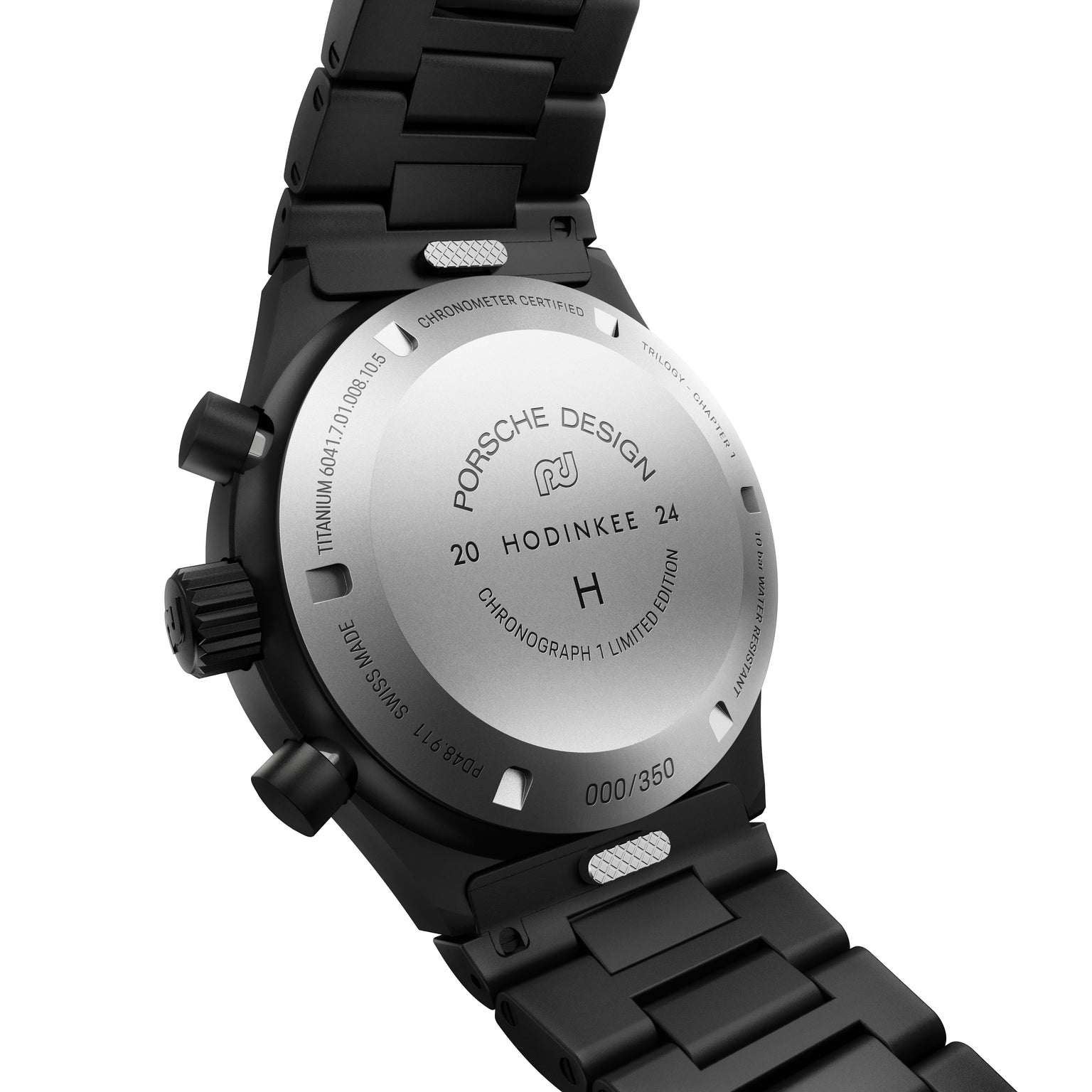 Back of a Porsche Design Chronograph 1 Hodinkee 2024 Edition watch, displaying engravings and serial number.