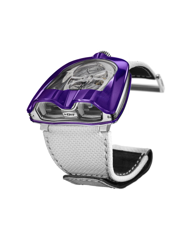 The MB&F HM8 Mark 2 Titanium Limited Edition Watch is a modern wristwatch featuring a purple case, visible gears, and a white textured strap.
