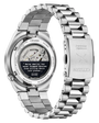 Silver watch with a detailed face and brand name on a white background