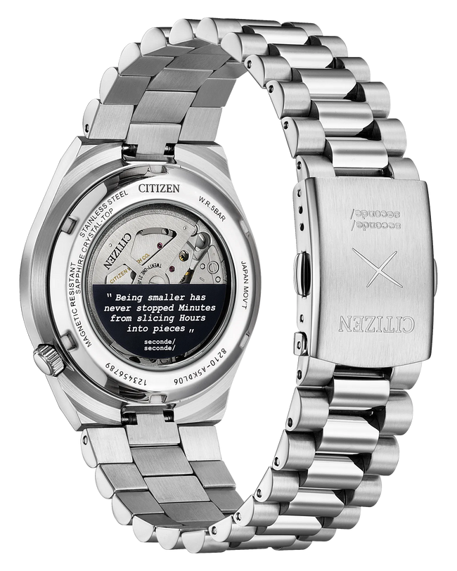 Silver watch with a detailed face and brand name on a white background