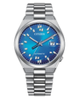 Silver Citizen watch with a blue face on a white background