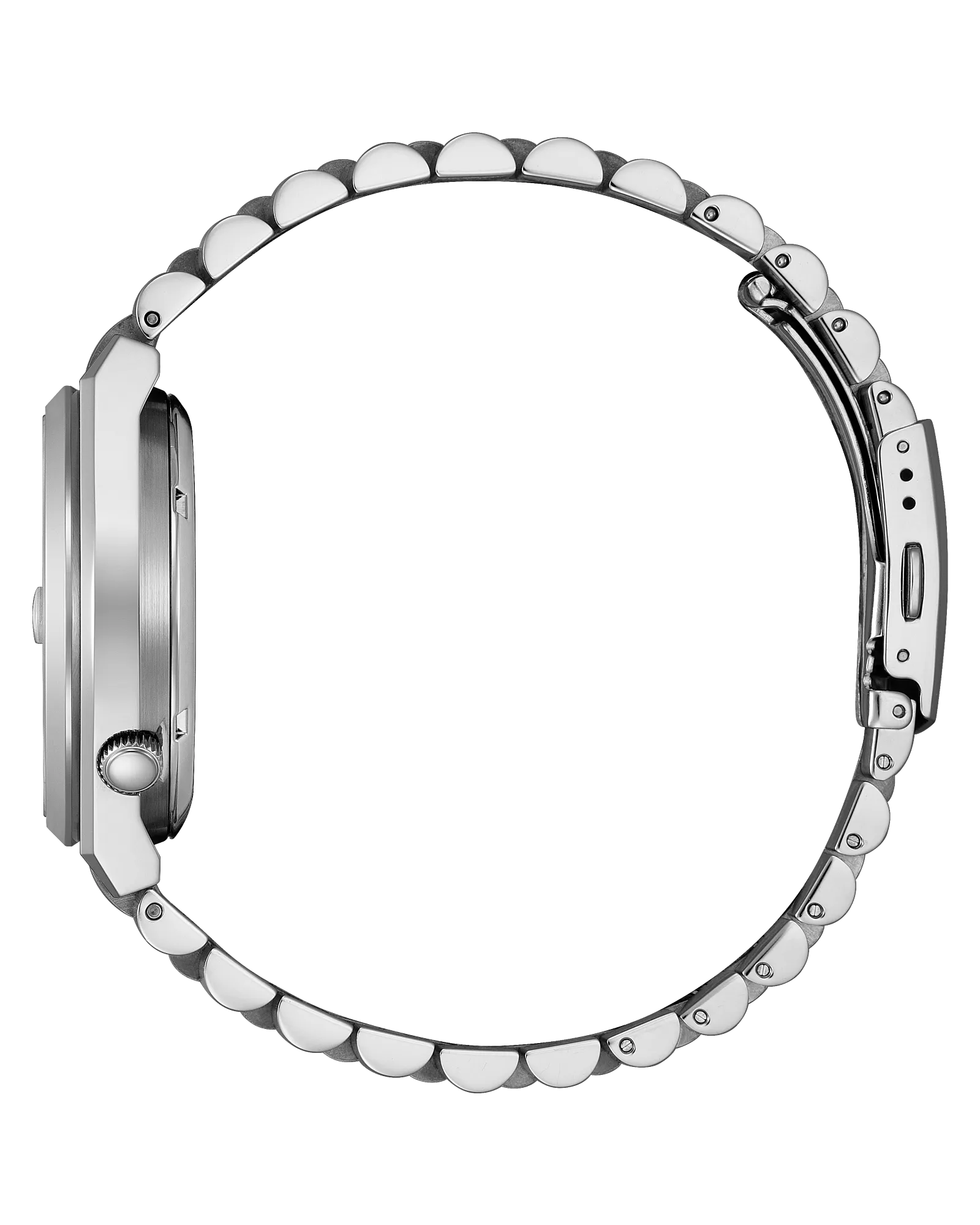 Silver watch with beaded band on a white background