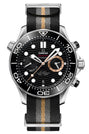 Omega watch with black dial and striped strap on white background