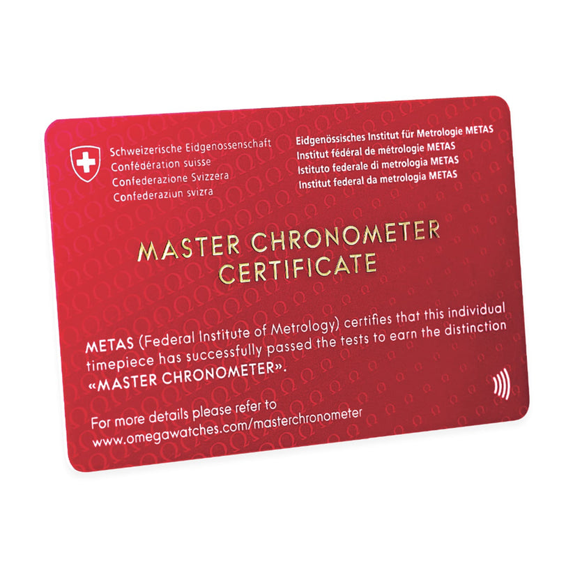 A red Master Chronometer Certificate card from METAS certifies that an OMEGA Seamaster Aqua Terra 150M has passed rigorous tests by the Swiss Federal Institute of Metrology.