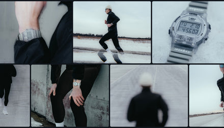 Collage of images featuring a person wearing a digital watch, running in snow, and sitting on a bench.