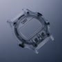 Clear translucent digital watch with square face, "TIMEX QUARTZ" dial, two side buttons, and "100 METERS" marking.