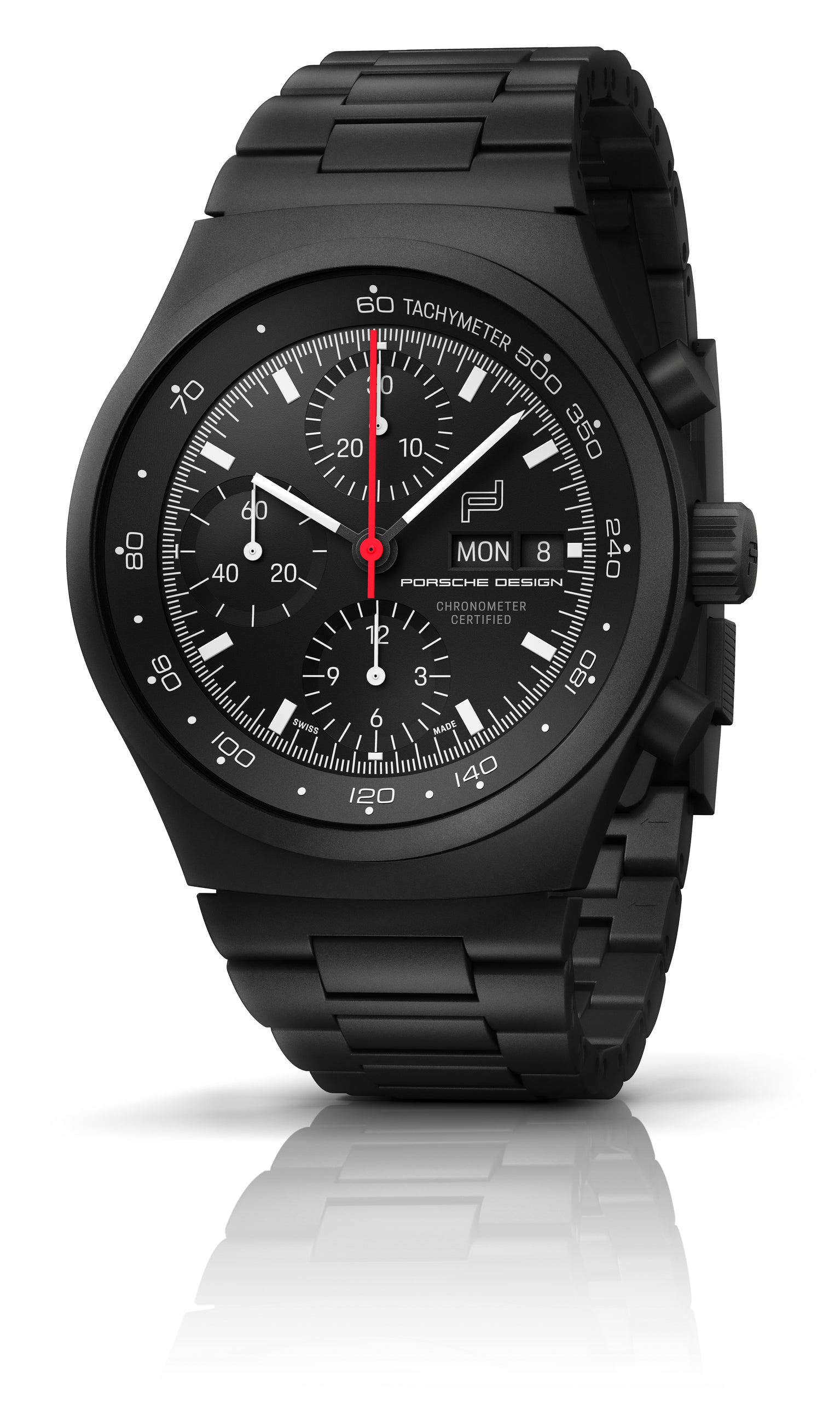 Porsche Design Chronograph 1 All Black Numbered Edition with tachymeter bezel, black dial, and red second hand.