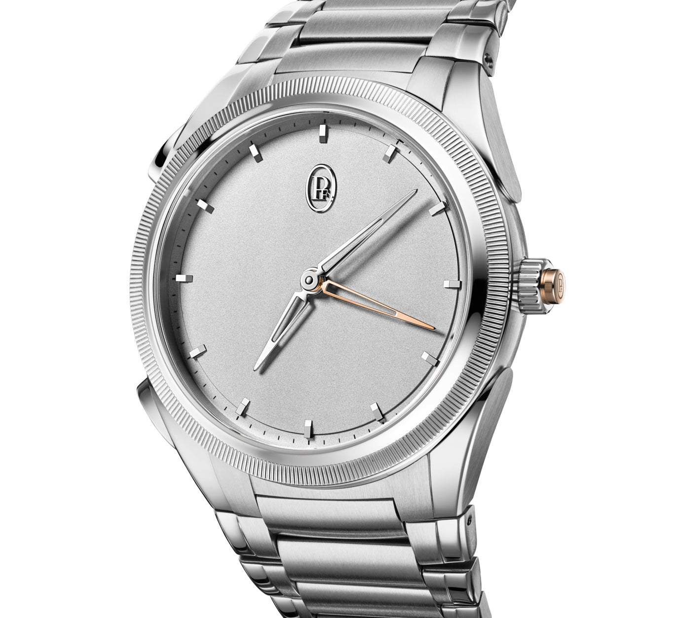 Silver watch with a detailed face on a white background
