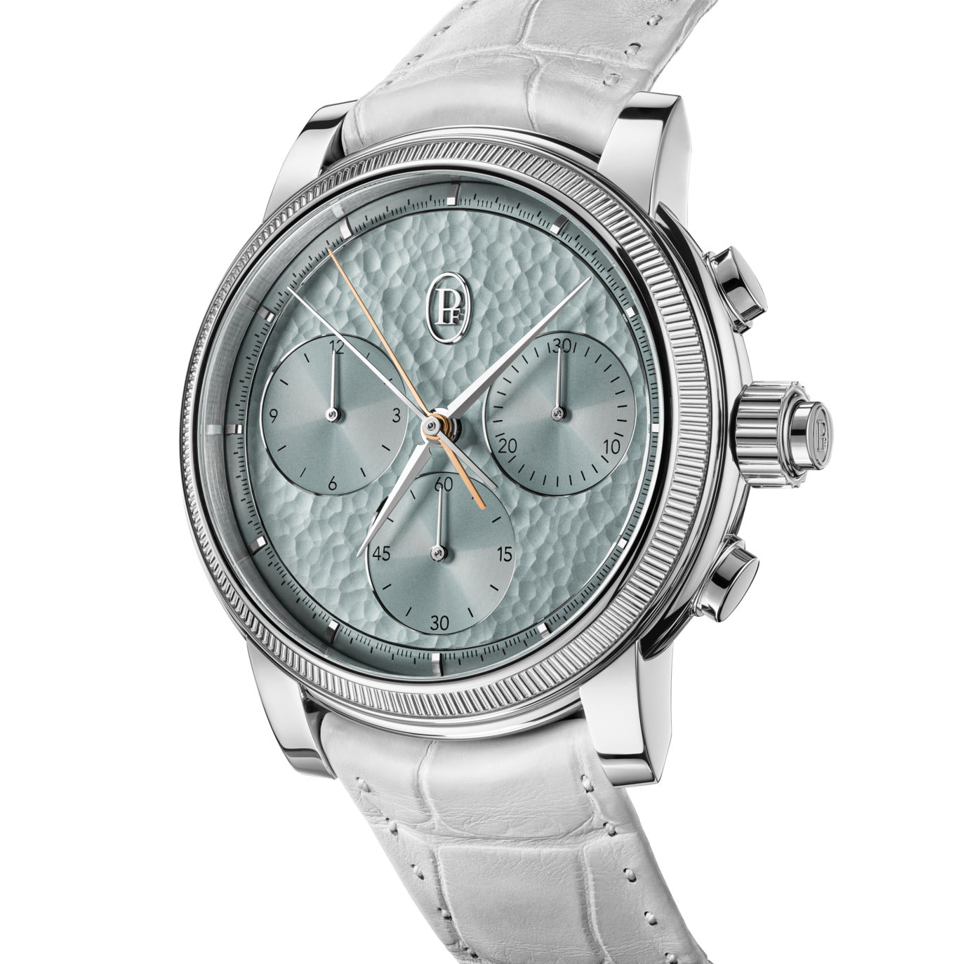 Luxury watch with silver case, white leather strap, and gray dial on a white background