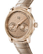 Luxury watch with rose gold case and beige leather strap on a white background