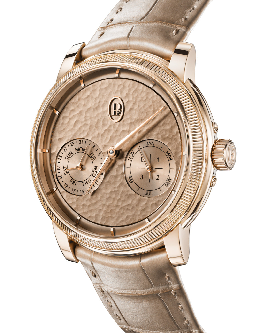 Luxury watch with rose gold case and beige leather strap on a white background