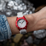 Parchie "Lunar-Time" Limited Editions for Hodinkee 32mm watch on female model's left wrist