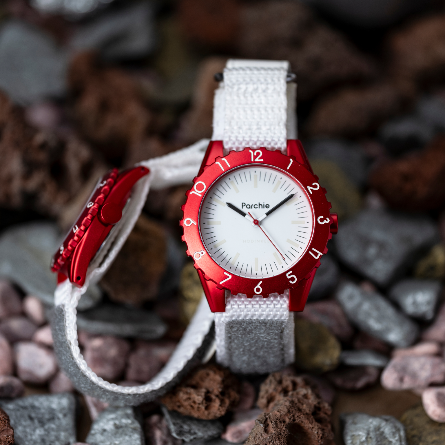 Parchie "Lunar-Time" Limited Editions for Hodinkee, 32mm and 36mm versions, on rocks in nature. 