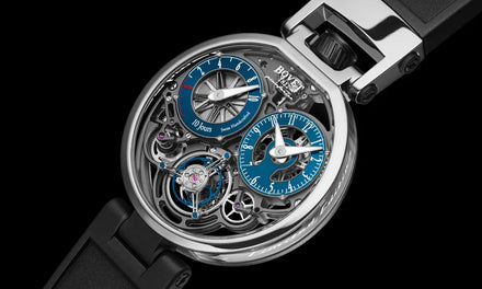 Close up view of the Bovet OttantaSei Tourbillon, designed in collaboration with Pininfarina, showing multiple blue subdials