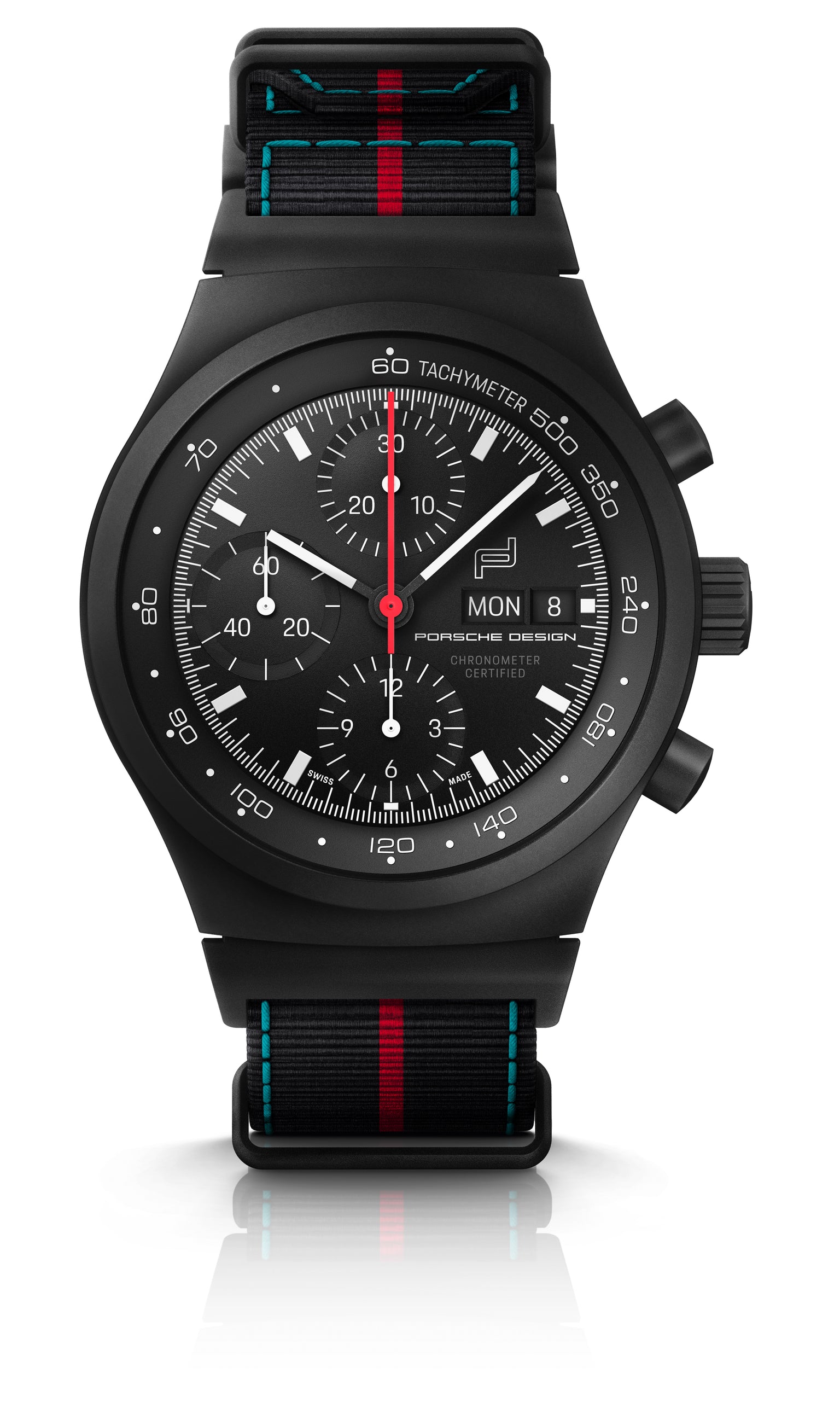 The Porsche Design Chronograph 1 75 Years Porsche Edition features a black chronograph dial, fabric strap, red and blue accents, and a tachymeter bezel.