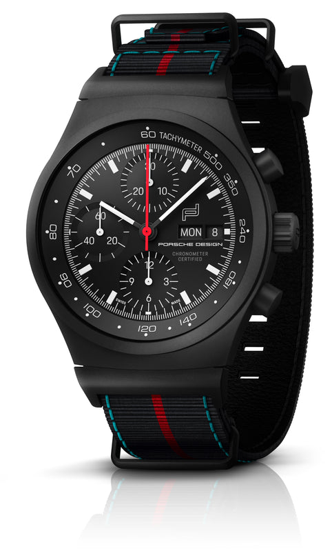 The Porsche Design Chronograph 1 75 Years Porsche Edition features a black case, striped fabric strap, and three sub-dials.