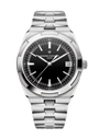 Stainless steel watch with black dial, date window, and matching metal bracelet.