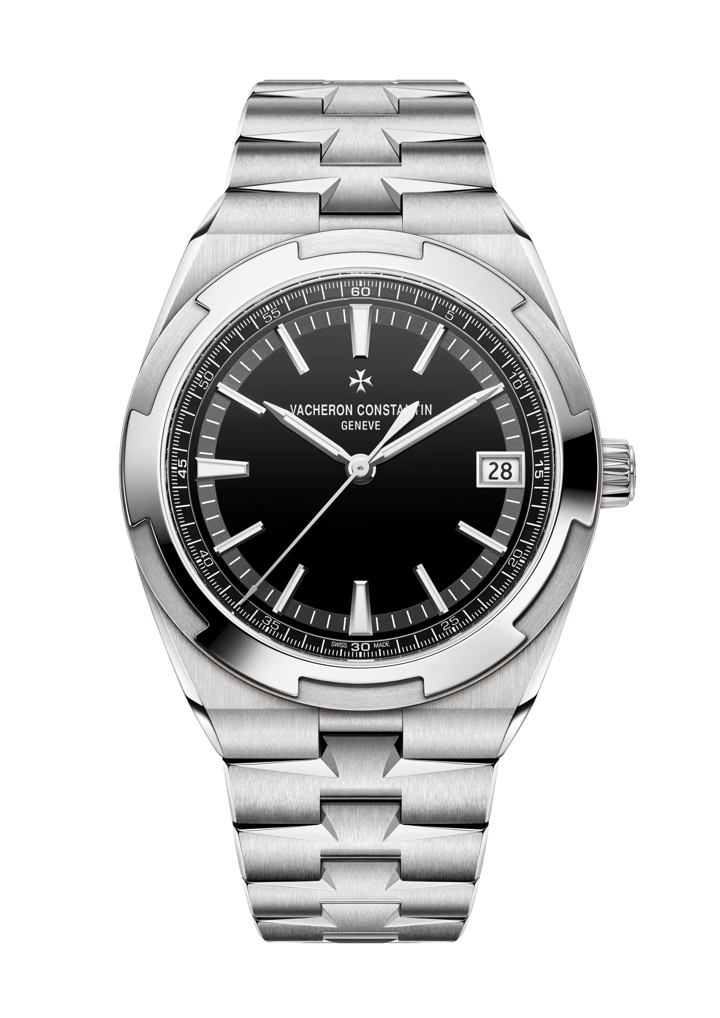 Stainless steel watch with black dial, date window, and matching metal bracelet.