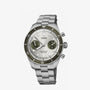 Oris Divers Sixty-Five Chronograph: stainless steel watch with a silver dial, green bezel, and two subdials.
