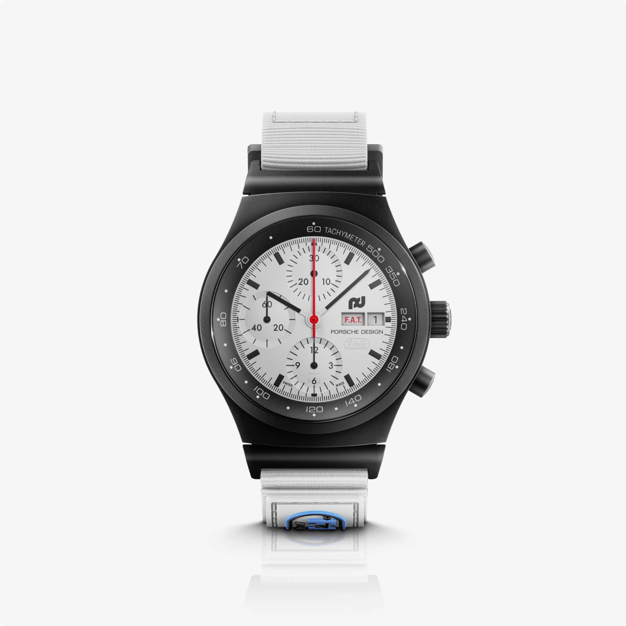The Porsche Design Chronograph 1 F.A.T 2025 Edition is a black and white wristwatch with three subdials, a white strap, and Porsche and F.A.T. branding.