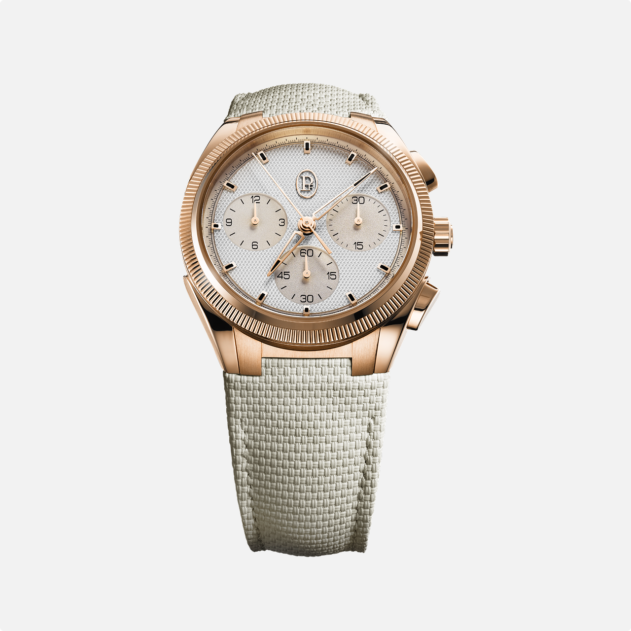 The Parmigiani Fleurier TONDA PF Sport wristwatch features a rose gold case, textured white face, and a light beige woven strap, shown on a plain white background.