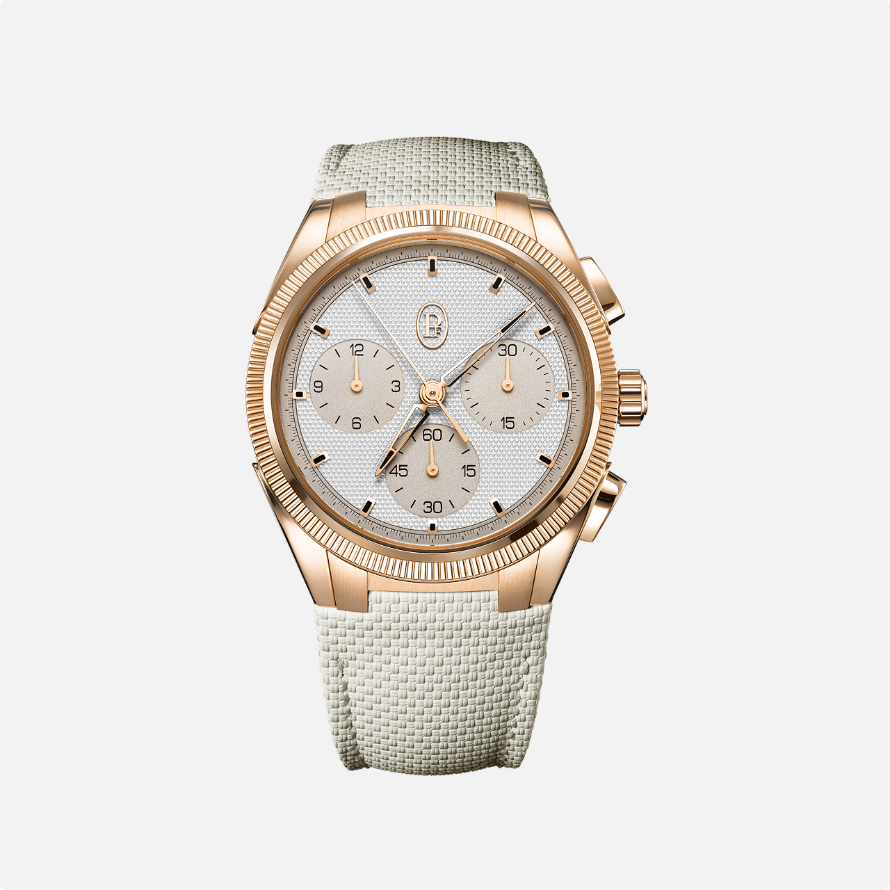 The Parmigiani Fleurier TONDA PF Sport is a gold watch with a textured white dial, fabric strap, three subdials, and gold hour markers.