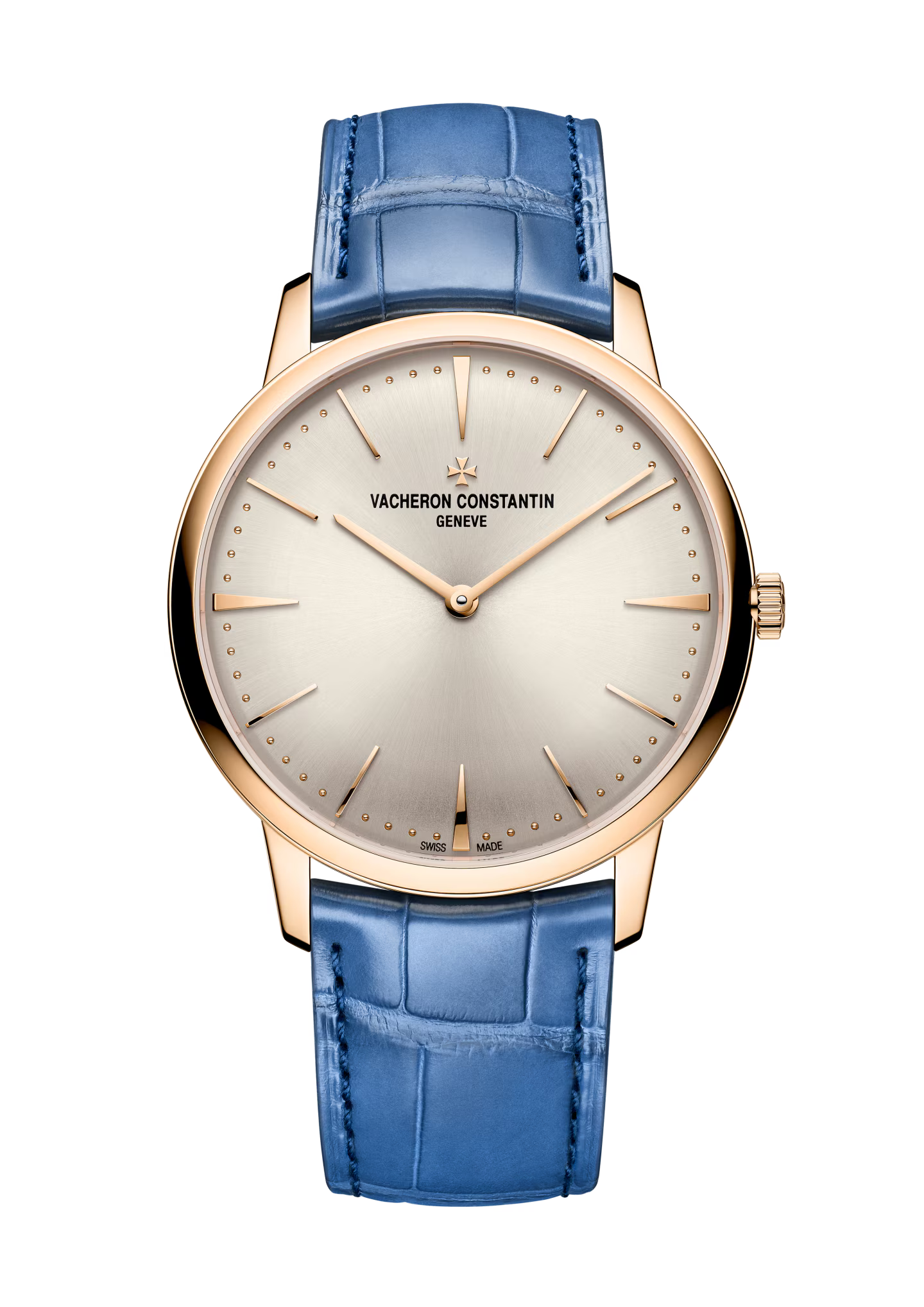 Vacheron Constantin Patrimony watch with rose gold case, silver dial, and blue leather strap.