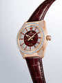 Grand Seiko SBGD228 rose gold watch with burgundy dial, diamond-set bezel, and matching leather strap.