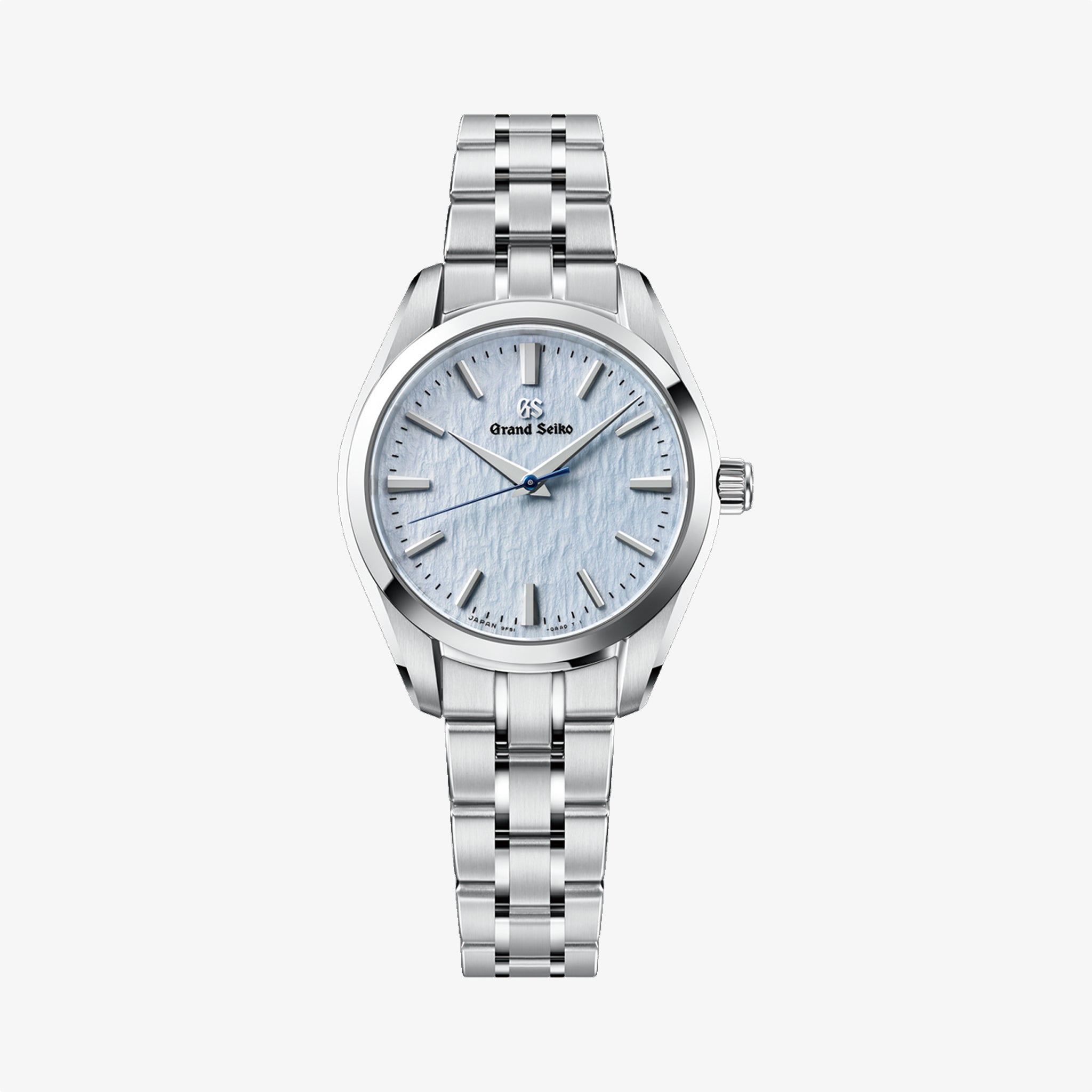 Silver watch with a light blue face on a white background