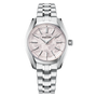 Silver-tone Grand Seiko watch with light pink dial, textured surface, hour markers, and matching metal bracelet.