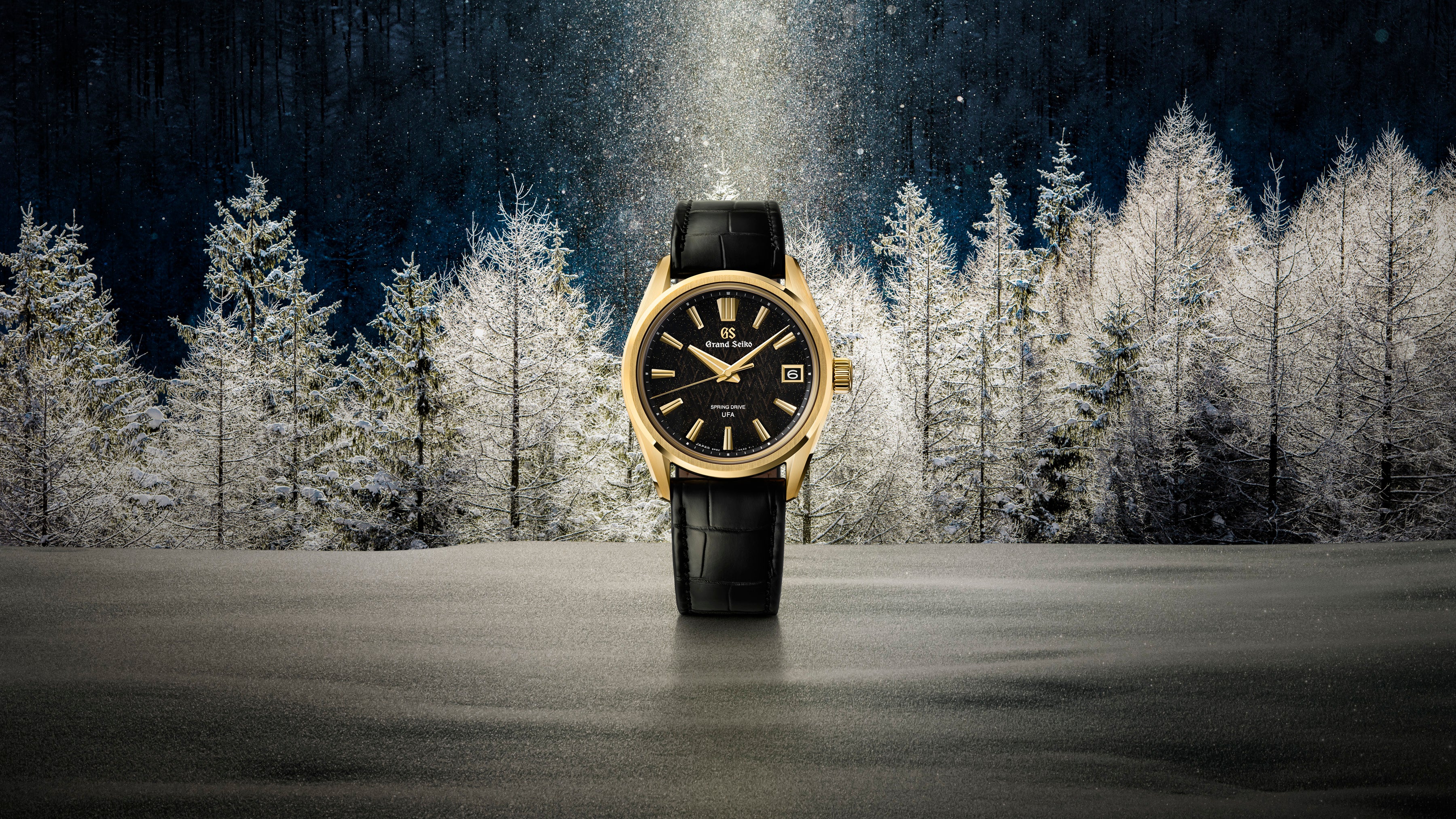 Gold-tone watch with black dial, black leather strap, and date window against a frost-covered forest backdrop.