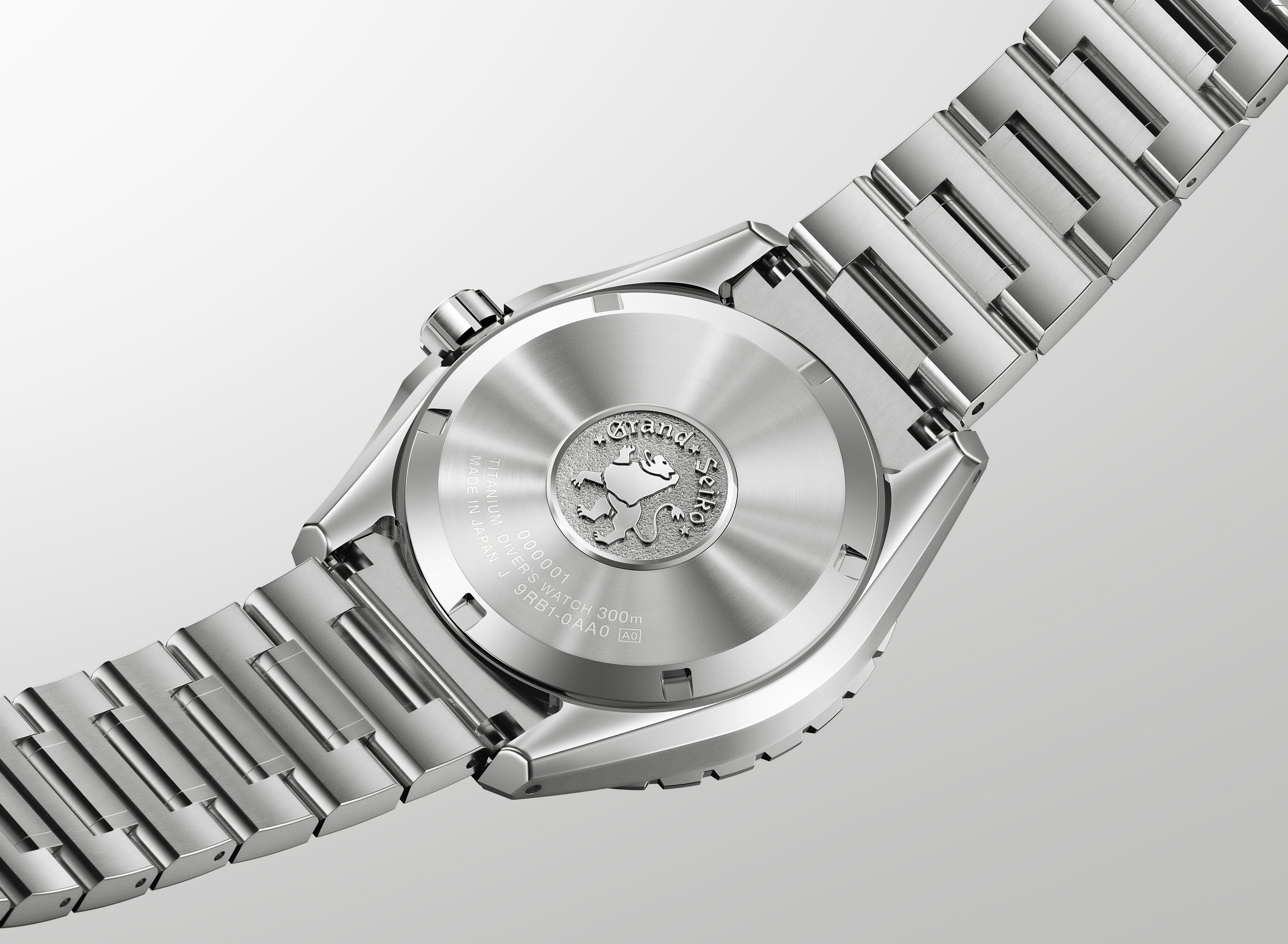 Stainless steel diver watch with brushed silver dial and matching metal bracelet, shown from caseback view.