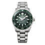 Grand Seiko diver watch with green dial, green bezel, and stainless steel bracelet.