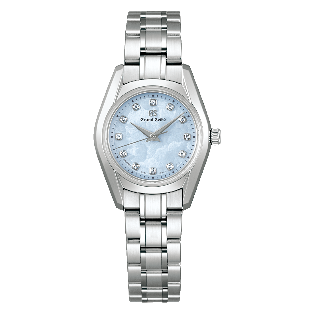 The Grand Seiko Ladies Heritage features a silver stainless steel bracelet, light blue textured dial with diamond hour markers, and a simple, elegant design.