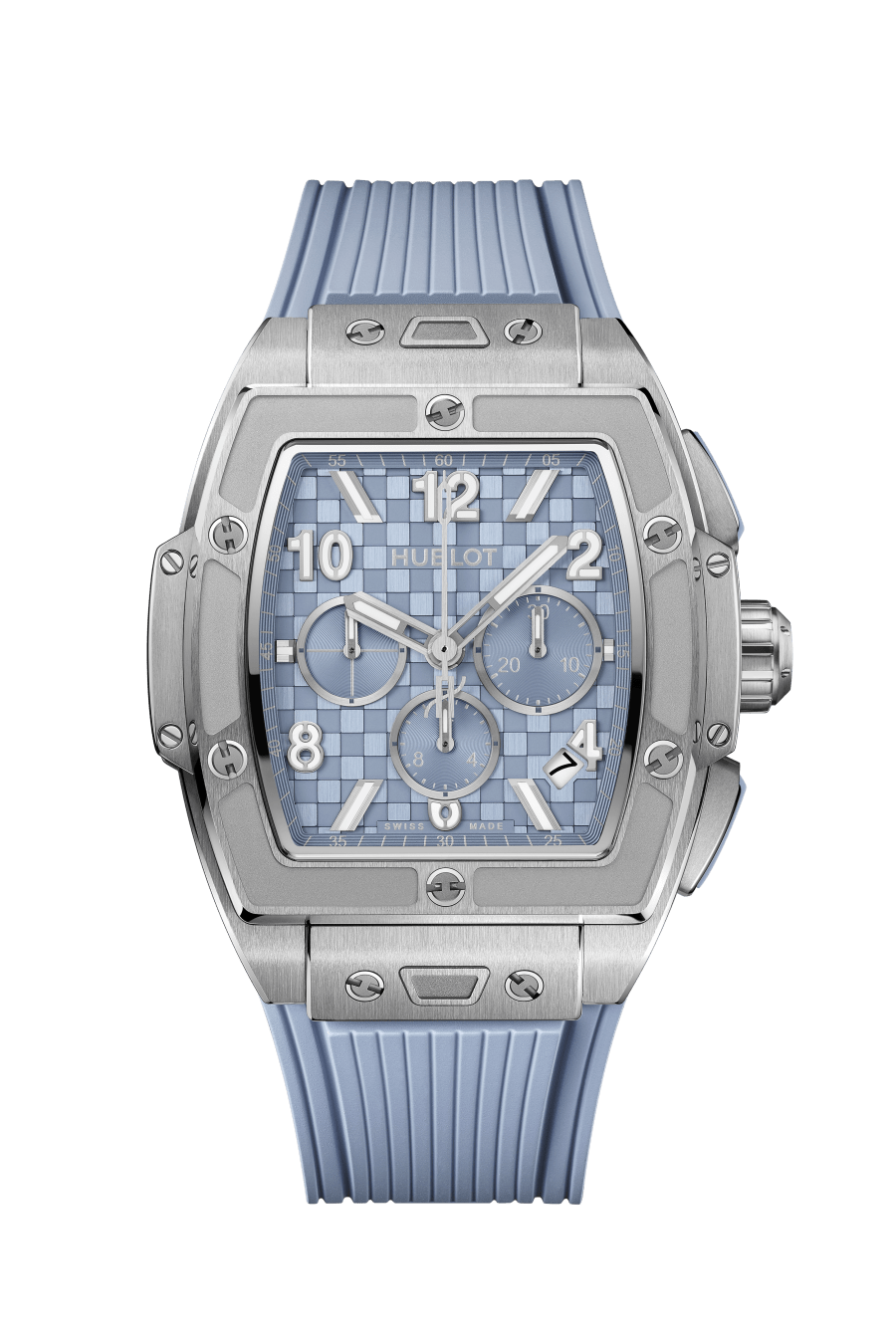 Titanium watch with coal blue dial featuring chronograph subdials, Arabic numerals, and matching blue rubber strap.
