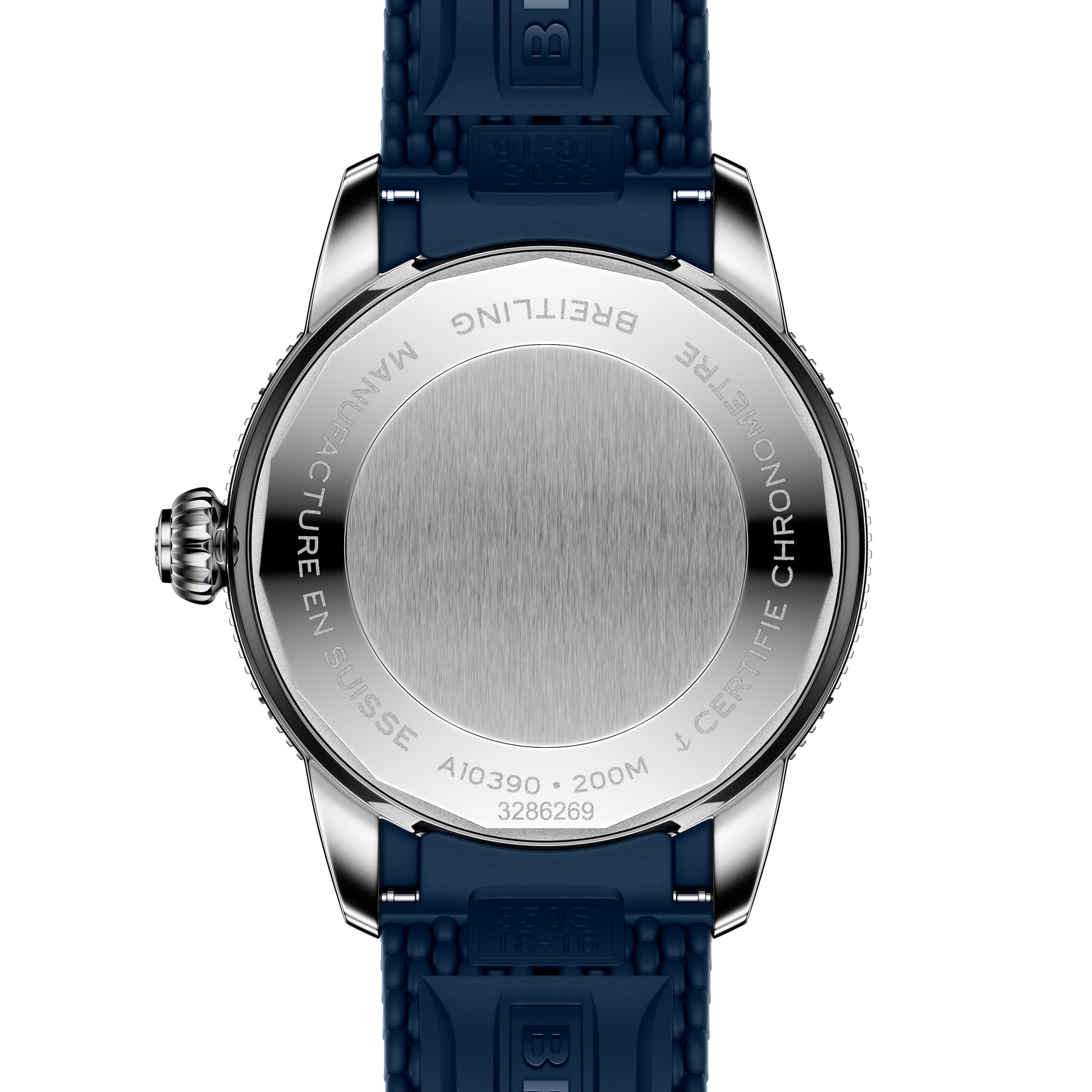 The back of the Breitling Superocean Heritage Automatic 36 features engraved details around its stainless steel case and comes with a blue strap.