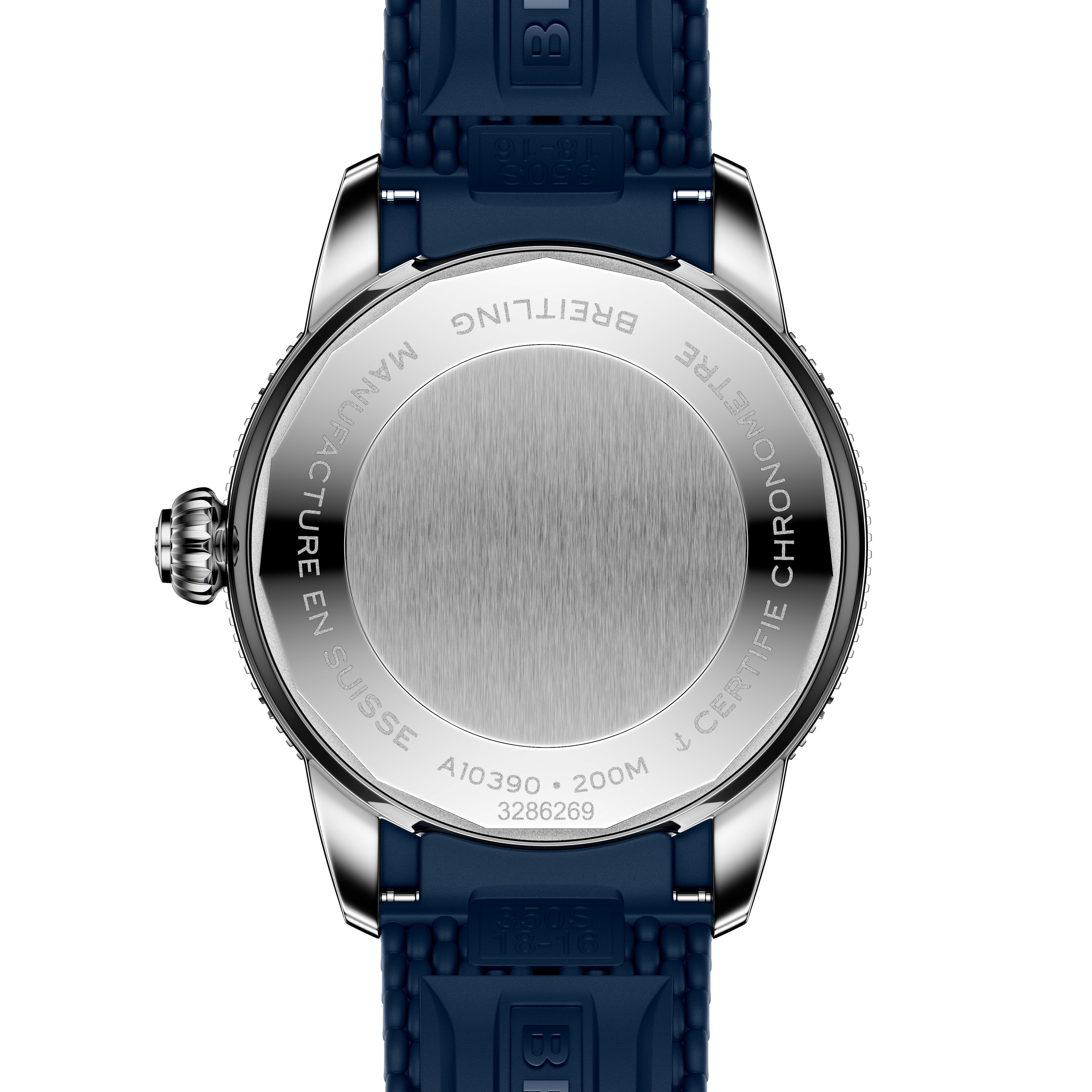 The back of the Breitling Superocean Heritage Automatic 36 features engraved details around its stainless steel case and comes with a blue strap.