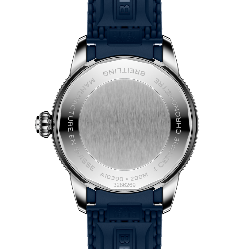 The back of the Breitling Superocean Heritage Automatic 36 features engraved details around its stainless steel case and comes with a blue strap.