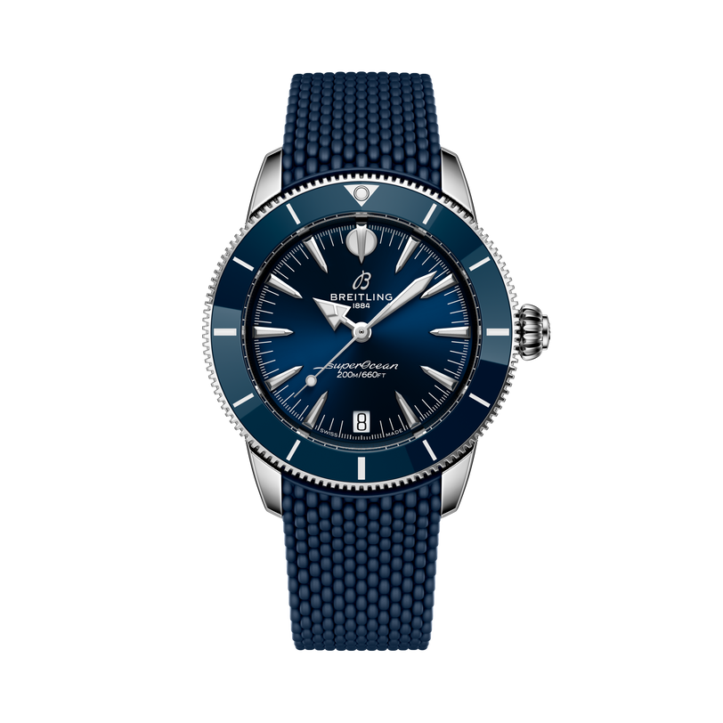 The Breitling Superocean Heritage Automatic 36 is a blue dive watch featuring a textured blue strap and dark blue dial, displaying the time at 10:08.