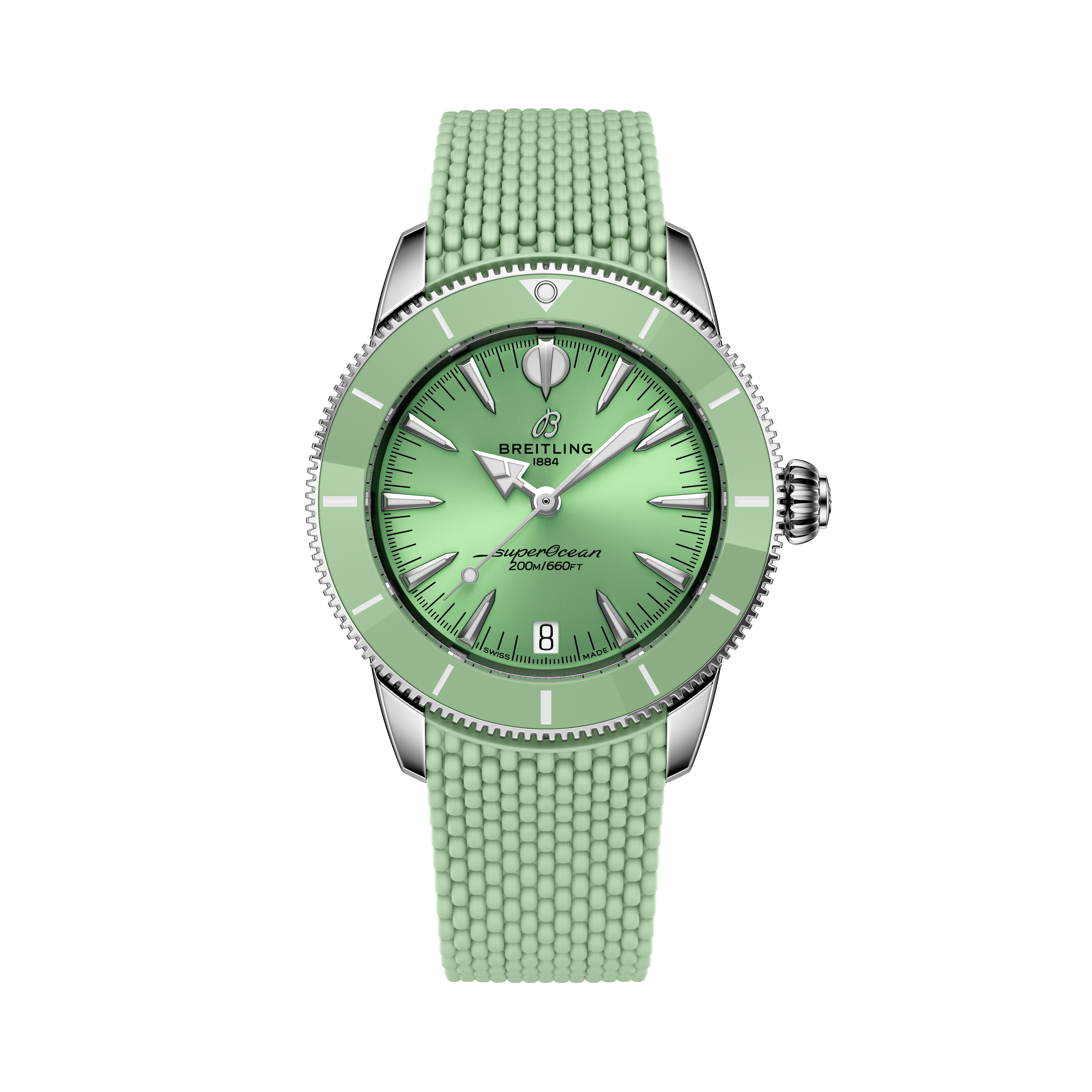 A Breitling Superocean Heritage Automatic 36 wristwatch with a green dial, textured strap, and silver accents, shown on a black background.